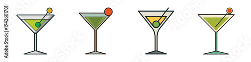 Four martini glasses with different olives and garnishes vector illustration
