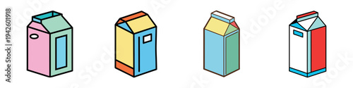 Colorful milk carton vector illustration set, flat design graphic