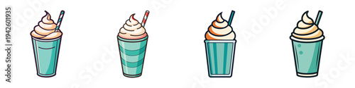 Four teal milkshakes with whipped cream vector illustration, flat design