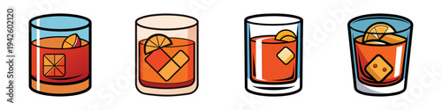 Four old-fashioned cocktails with ice and orange vector illustration
