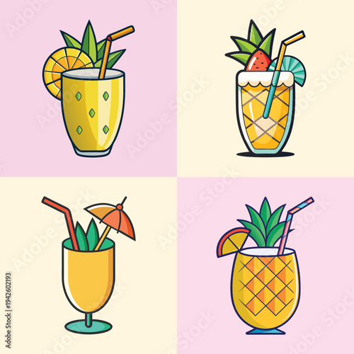 Four different Piña Colada cocktails with straws and umbrellas vector illustration