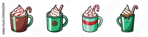 Peppermint hot chocolate vector illustration, four festive mugs with whipped cream and candy canes, flat design