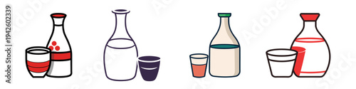 Sake bottles and cups vector illustration, flat design for Japanese tradition