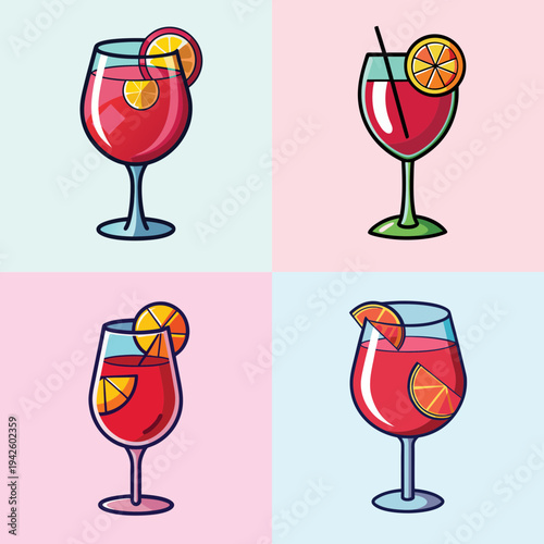 Sangria glasses with fruit vector illustration, flat design drink set