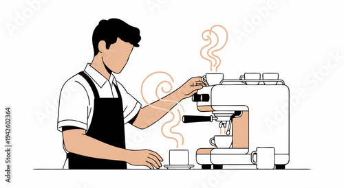 A charming vector illustration of a barista preparing a hot coffee drink using a professional espresso machine, with steam rising in a cozy cafe atmosphere
