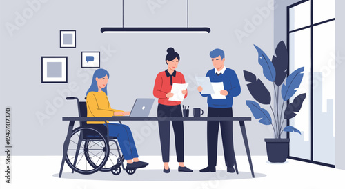 Inclusive Workplace Vector Illustration A Diverse Team Collaborating in a Modern Office Setting