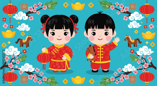 Cute Chinese New Year vector illustration of a boy and girl in traditional clothing with festive decorations