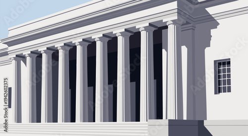 A grand, neoclassical building façade with a colonnade of imposing pillars, a vector illustration