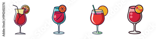 Four sangria glasses with fruits vector illustration, flat design