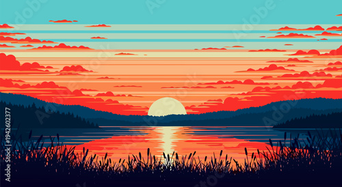 Vibrant Pixel Art Sunset Over Calm Lake Vector Illustration, Capturing Serene Nature Scenery