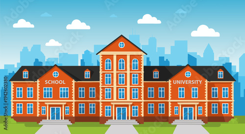 Bright and colorful vector illustration of a school and university building facade on a clear day with cityscape background