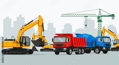 Construction vehicles vector illustration featuring excavators, trucks, and cranes against a cityscape background