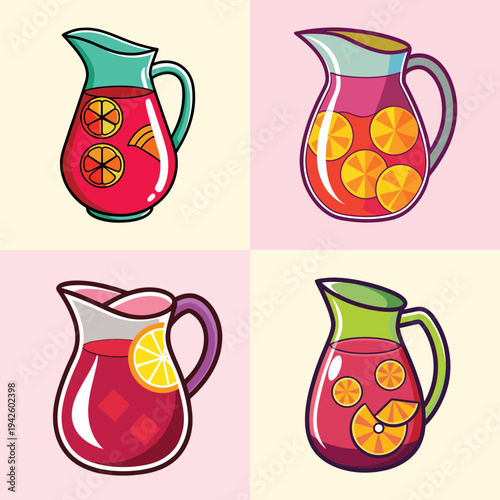 Colorful sangria pitchers with fruits vector illustration, flat design