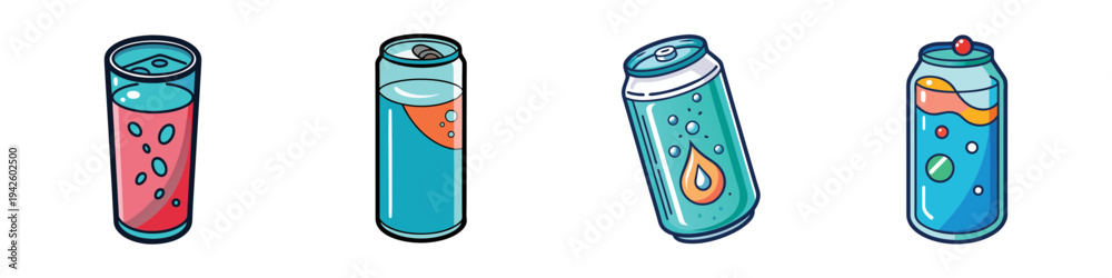 Obraz premium Colorful seltzer water cans vector illustration, flat design graphics