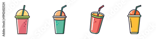 Colorful smoothie cups with straws vector illustration, flat design graphics