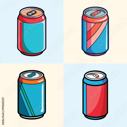 Colorful soda can vector illustration set, flat design graphics