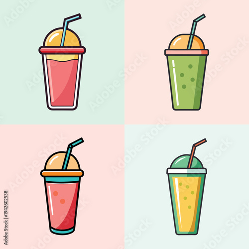 Colorful smoothie drinks with straws vector illustration, flat design