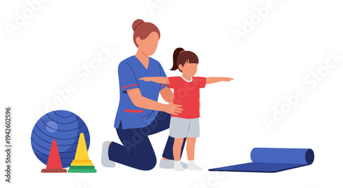 A heartwarming vector illustration of a physical therapist guiding a young child through a rehabilitation exercise session with equipment