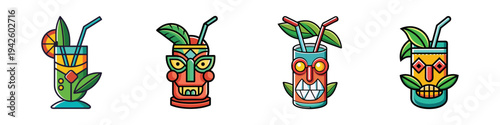 Four colorful tiki drinks with umbrellas and straws vector illustration