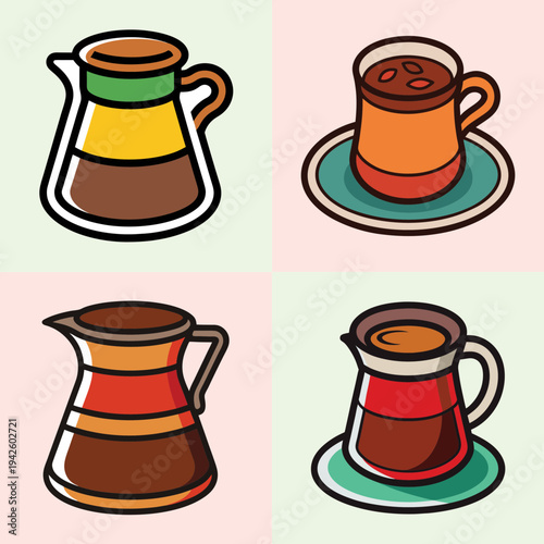 Turkish coffee cups and pots vector illustration, flat design coffee set
