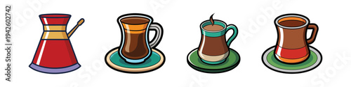 Traditional Turkish coffee cups and pot vector illustration, flat design