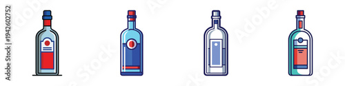 Four vodka bottles in different designs vector illustration, flat design graphics