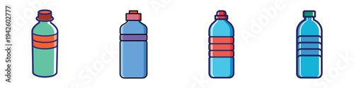 Four different water bottles vector illustration, flat design, colorful and modern