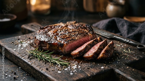Juicy Grilled Beef Steak with Rosemary and Sea Salt on Dark Wooden Board