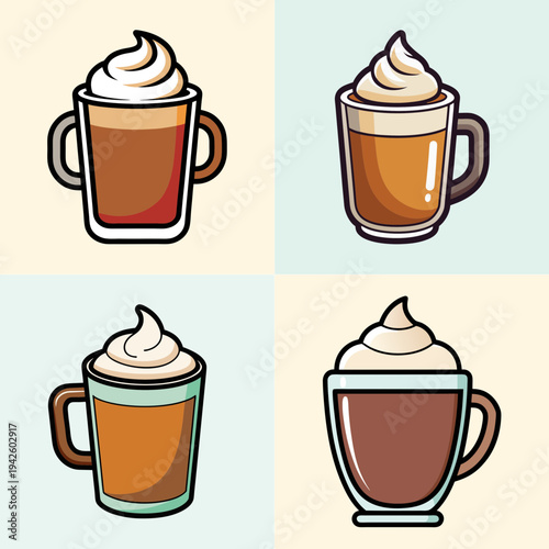 Set of four chai latte cups with whipped cream vector illustration, flat design