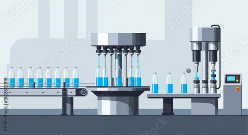 Bottling Line Filling Bottles with Liquid.