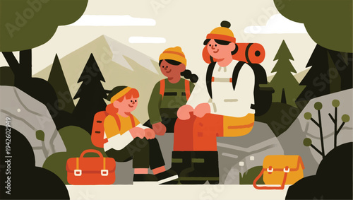 Illustration Of An Adventurous Family Sitting Resting On A Large Rock Vector Design Template