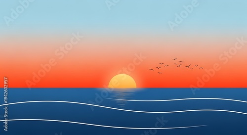 Sunset over ocean with flying birds.