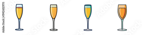 Four champagne flutes with different levels of bubbly drink vector illustration