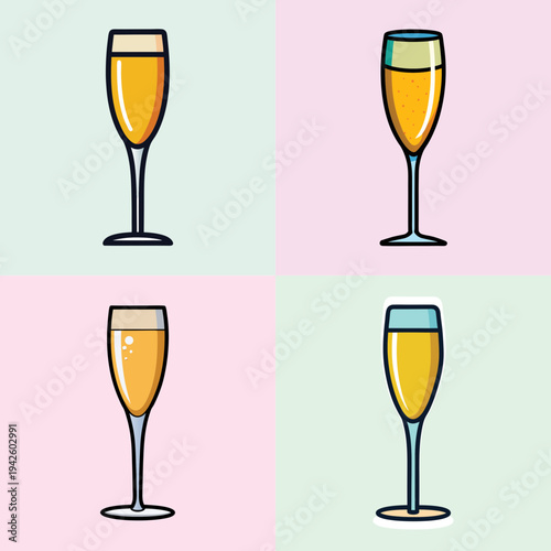 Champagne flutes in different states of fullness on pastel background vector illustration