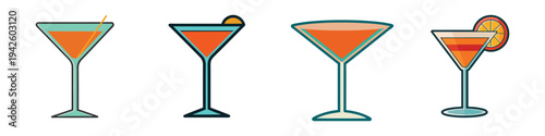Cocktail glasses with orange drinks vector illustration, flat design set