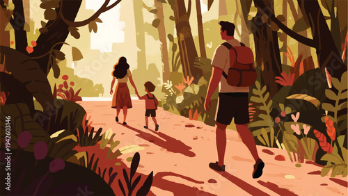 Illustration Of A Family Walking Along A Narrow Nature Path Vector Design Template