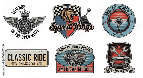 Collection of vintage automotive emblems and designs featuring classic cars, lions, and racing themes.