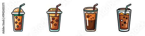 Four cold brew coffee glasses with ice and straws vector illustration