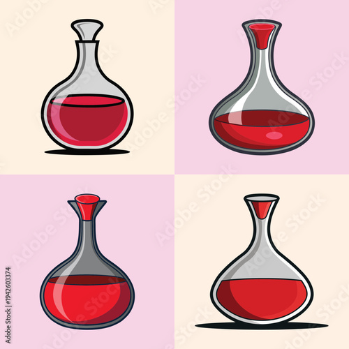Four glass decanters with red wine vector illustration, flat design