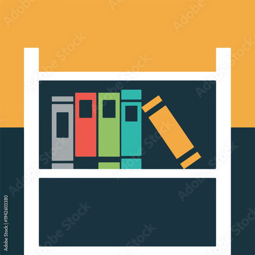 Colorful book spines on a modern shelf with one book falling