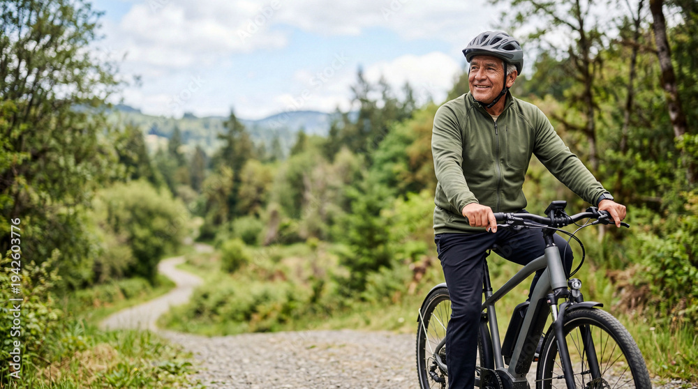 Fototapeta premium Senior Hispanic man riding an electric bicycle on a scenic nature trail.