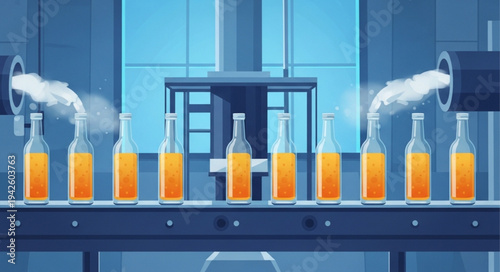 Bottles on Conveyor Belt Filling.