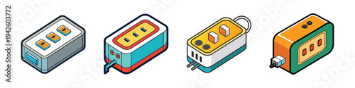 Variety of surge protectors vector illustration, flat design icons set