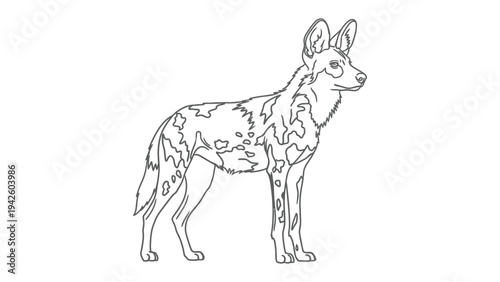 African Wild Dog Illustration: A detailed outline of a majestic African wild dog, showcasing its unique spotted coat and alert posture.