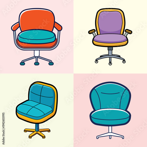 Four office chairs with colorful cushions and frames vector illustration
