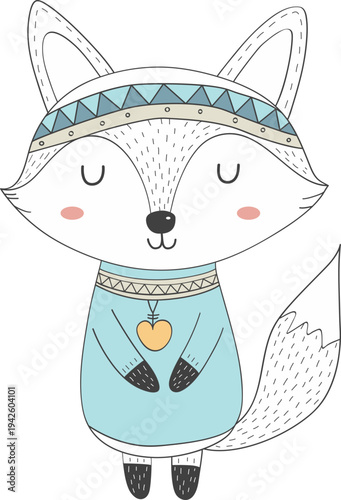 Cute safari clipart cartoon fox wearing a blue dress and headband with a heart necklace