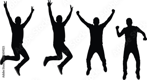 Set of energetic jumping men silhouettes showing celebration victory poses isolated on white background, dynamic male figures jumping with raised arms for sports success concept