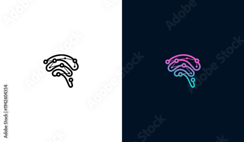 Digital brain network node logo with interconnected tech circuits.