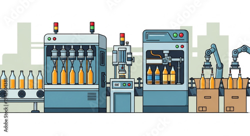 Bottling Factory Machines Filling Bottles.