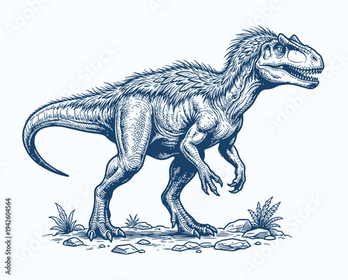 Allosaurus Dinosaur Engraving Style Vector Illustration